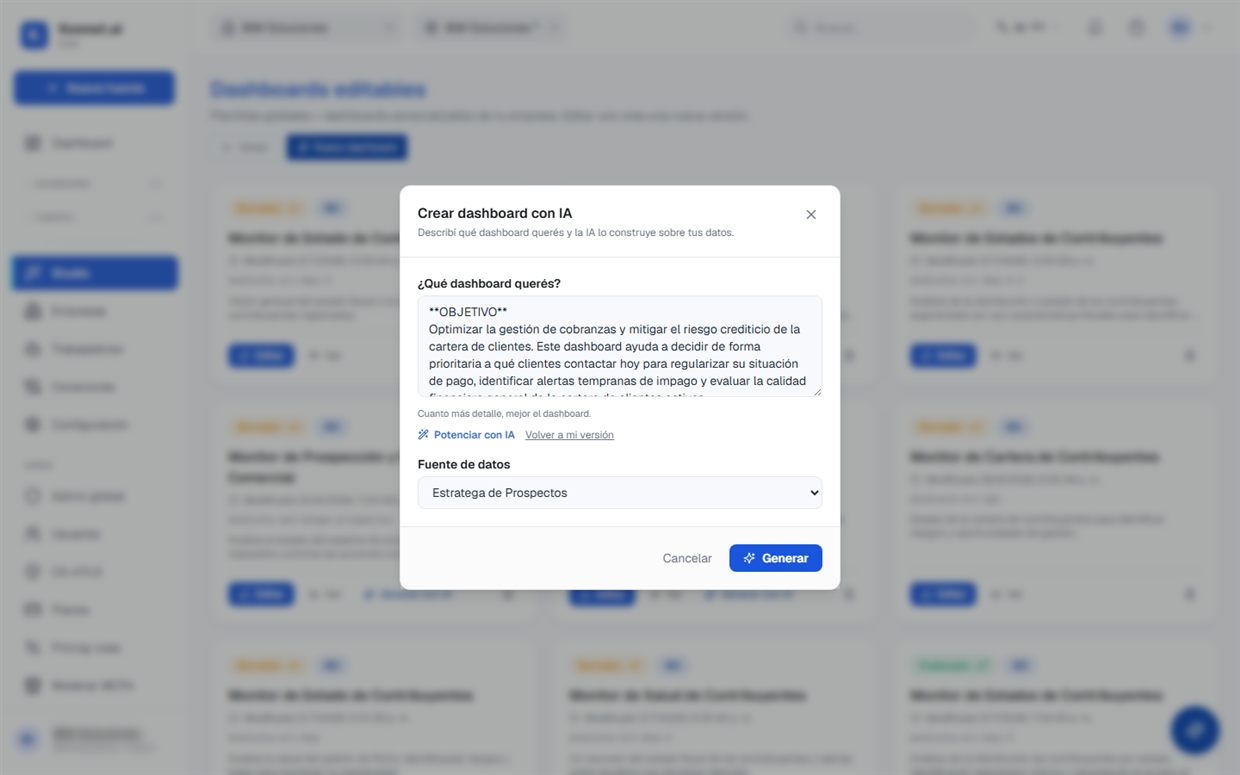 Agente de IA de Konnet Core creando un dashboard: el usuario describe su objetivo, la IA lo potencia y genera el tablero sobre sus datos
