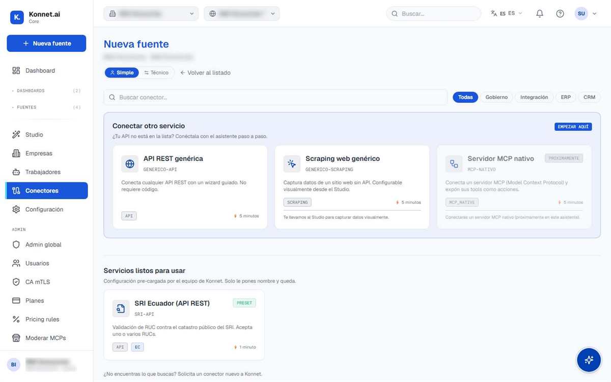 Catálogo de conectores de Konnet Core: API REST genérica, scraping web y servicios listos para usar